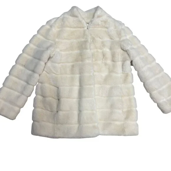 Ellen Tracy White Faux Fur Coat Jacket Size L EUC